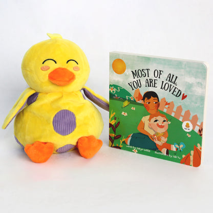 Polkaducks Snuggle Bundle - Includes a microwaveable stuffed duck, Woobey, and a choice of board book in English, German, or Tagalog. Perfect for bedtime routines, easing muscle pains and tummy aches.